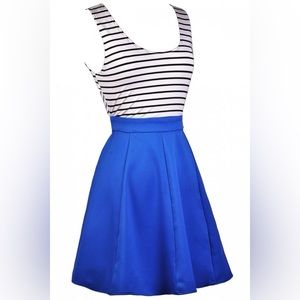 Double Zero Cross Back Black and White Stripe Dress in Bright Blue, M